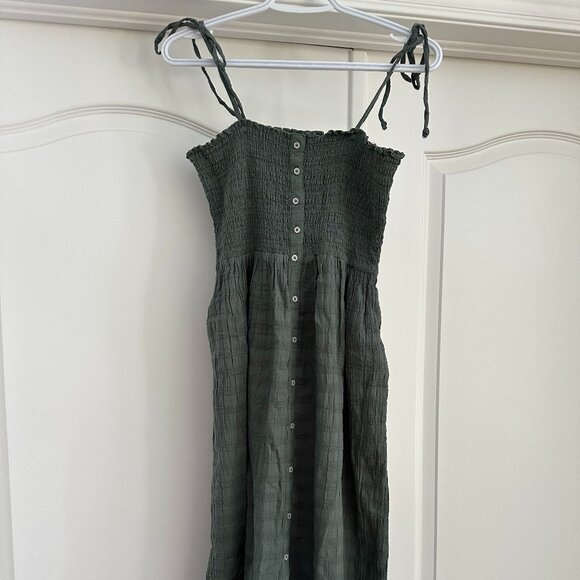 Aerie Olive Green Smocked Midi Dress Tie Straps with Pockets - Picture 4 of 8